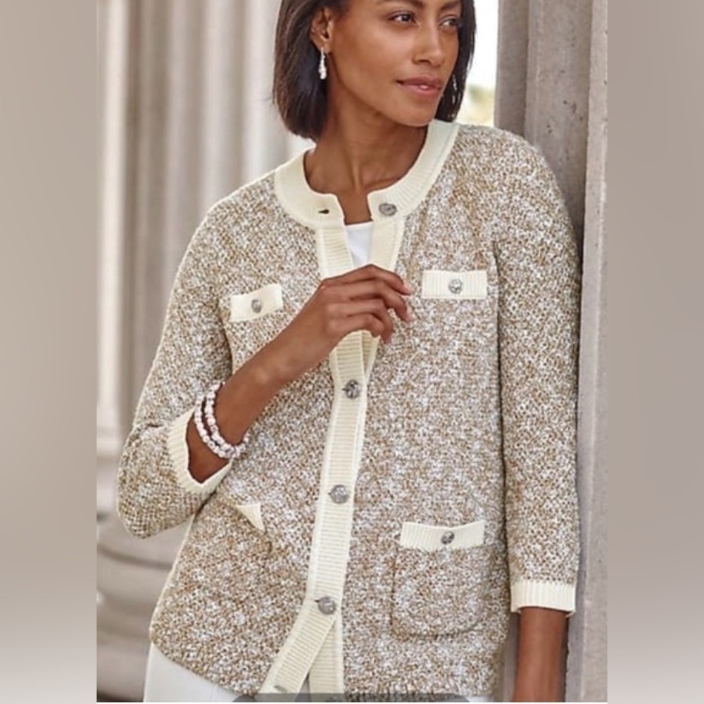 J. Jill Cream and Brown Knit Cotton Cardigan Button Front Sweater Sz M